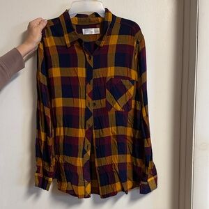 Time and Tru Plaid Button-Up Blouse - Yellow and Blue